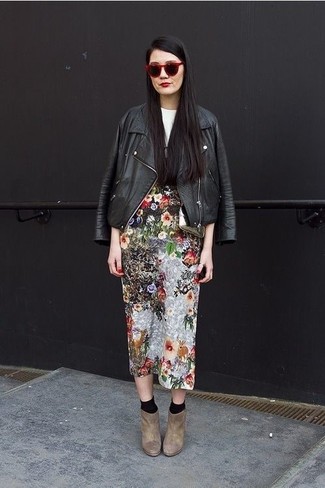 Women's Brown Suede Ankle Boots, Multi colored Floral Midi Skirt, White and Black Print Crew-neck T-shirt, Black Leather Biker Jacket