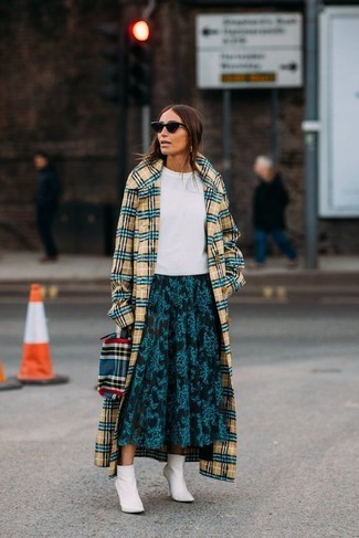 Women's White Leather Ankle Boots, Teal Floral Midi Skirt, White Crew-neck T-shirt, Yellow Plaid Coat