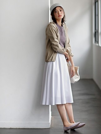 Women's Grey Suede Ballerina Shoes, White Pleated Midi Skirt, Grey Crew-neck T-shirt, Beige Windbreaker
