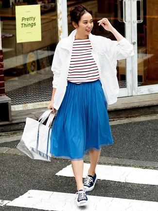 Women's Navy Canvas Low Top Sneakers, Blue Pleated Midi Skirt, White and Red and Navy Horizontal Striped Crew-neck T-shirt, White Windbreaker