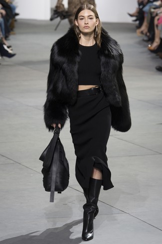 Women's Black Leather Knee High Boots, Black Knit Midi Skirt, Black Cropped Sweater, Black Fur Jacket