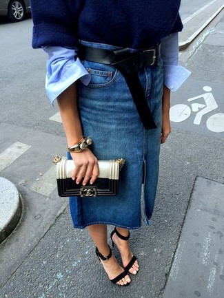 Blue Denim Midi Skirt Outfits: 