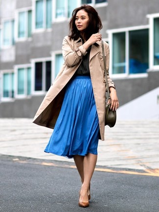 Women's Brown Leather Pumps, Blue Pleated Midi Skirt, Black Dress Shirt, Tan Trenchcoat