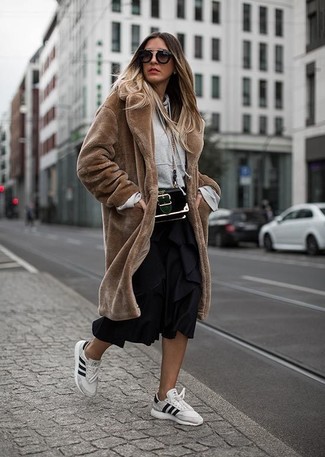 Women's White Leather Low Top Sneakers, Black Pleated Midi Skirt, Grey Hoodie, Brown Fur Coat