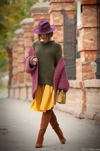 Women's Tobacco Suede Over The Knee Boots, Yellow Pleated Midi Skirt, Olive Oversized Sweater, Purple Knit Cardigan