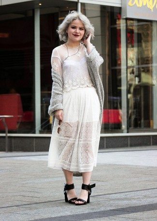 White Pleated Lace Midi Skirt Outfits: 
