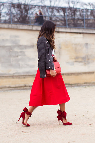 Women's Red Suede Pumps, Red Pleated Midi Skirt, White Tank, Black Leather Biker Jacket