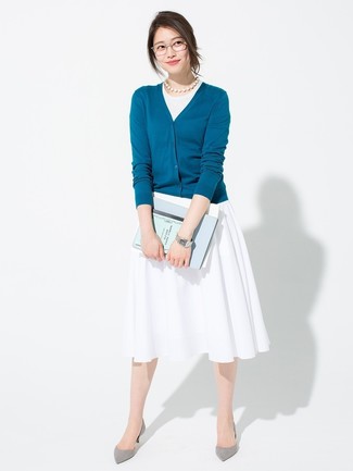 Women's Grey Suede Pumps, White Pleated Midi Skirt, White Tank, Teal Cardigan
