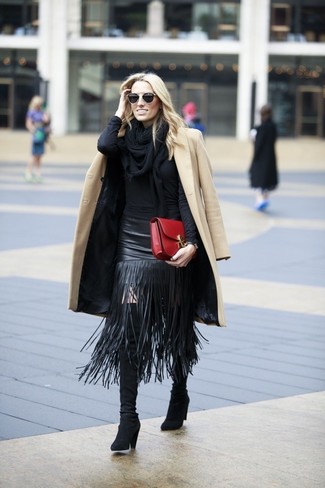 Black Fringe Leather Midi Skirt Outfits: 