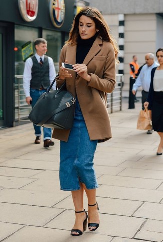 Blue Denim Midi Skirt with Brown Coat Outfits: 