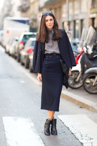 Women's Black Leather Ankle Boots, Navy Midi Skirt, Grey Turtleneck, Navy Double Breasted Blazer