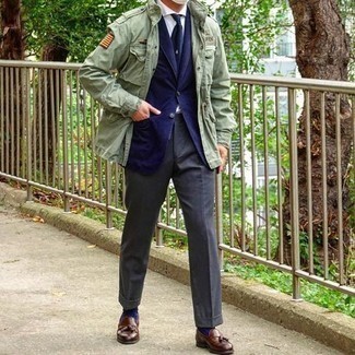 Mint Military Jacket Outfits For Men: Marry a mint military jacket with charcoal dress pants to exude elegance and polish. Brown leather tassel loafers integrate smoothly within a myriad of combinations.