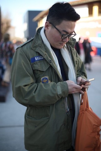 Men's Olive Military Jacket, Charcoal Plaid Blazer, Navy Turtleneck, Orange Leather Tote Bag