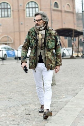 Olive Camouflage Military Jacket Outfits For Men: Why not try pairing an olive camouflage military jacket with white chinos? Both of these items are totally comfortable and will look amazing worn together. Feeling brave today? Mix things up a bit by sporting a pair of brown leather dress boots.