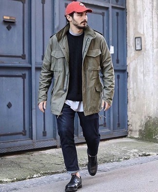 Black Chunky Leather Derby Shoes Outfits: This relaxed pairing of an olive military jacket and navy jeans is a life saver when you need to look casually stylish but have zero time. Balance out this getup with a sleeker kind of shoes, like these black chunky leather derby shoes.