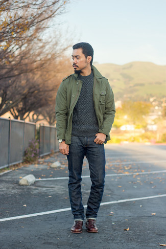 Charcoal Cable Sweater Outfits For Men: This combination of a charcoal cable sweater and navy jeans is on the casual side but will guarantee that you look on-trend and incredibly sharp. Not sure how to finish off this outfit? Round off with burgundy leather casual boots to dress it up.