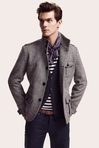 White Scarf Outfits For Men: This pairing of a grey military jacket and a white scarf brings comfort and confidence and helps you keep it low-key yet contemporary.