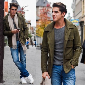 Tan Scarf Outfits For Men: Dress in an olive military jacket and a tan scarf to feel 100% confident and look fashionable. Balance out this outfit with a dressier kind of shoes, such as these white low top sneakers.