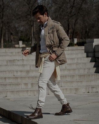 Dark Brown Leather Brogue Boots Outfits: Who said you can't make a stylish statement with a casual ensemble? Draw the attention in a khaki military jacket and white chinos. For a more elegant touch, why not add a pair of dark brown leather brogue boots to the equation?