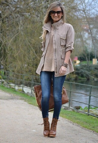 boots lace ankle brown jeans leather looks skinny jacket military wear