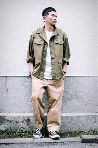 Men's Olive Military Jacket, White Crew-neck T-shirt, Khaki Chinos, Black and White Canvas Low Top Sneakers