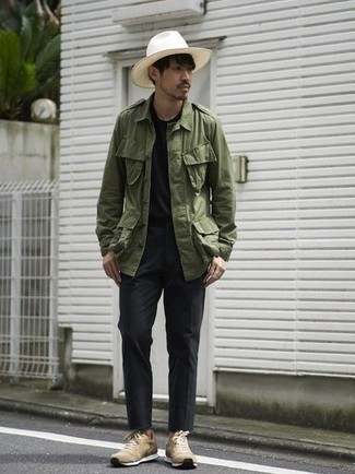 Men's Olive Military Jacket, Black Crew-neck T-shirt, Charcoal Chinos, Tan Athletic Shoes