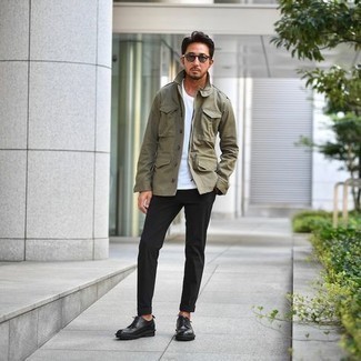 Men's Olive Military Jacket, White Crew-neck T-shirt, Black Chinos, Black Leather Derby Shoes