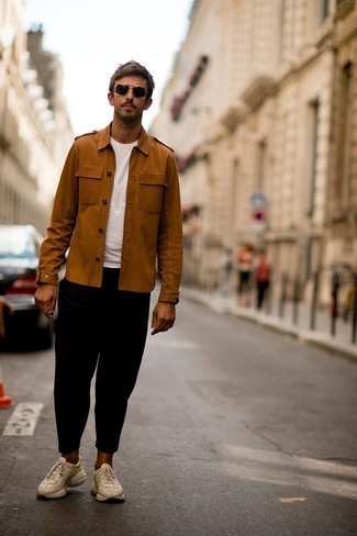 Tobacco Military Jacket Outfits For Men: If you gravitate towards off-duty combinations, why not consider this combination of a tobacco military jacket and black chinos? If you wish to easily dial down this look with footwear, introduce a pair of beige athletic shoes to the equation.