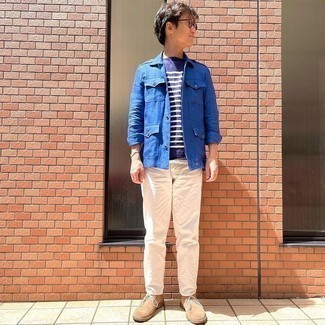 Men's Blue Military Jacket, Navy and White Horizontal Striped Crew-neck T-shirt, Beige Jeans, Tan Suede Desert Boots