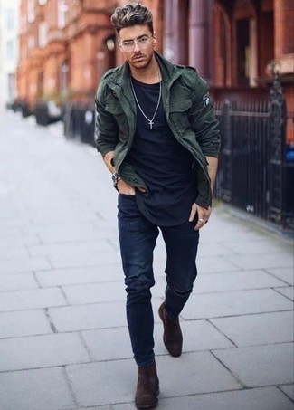 Olive Military Jacket Outfits For Men: For a neat and relaxed outfit, reach for an olive military jacket and navy ripped jeans — these two items fit really well together. Finishing off with a pair of dark brown suede chelsea boots is a fail-safe way to introduce some extra flair to your ensemble.