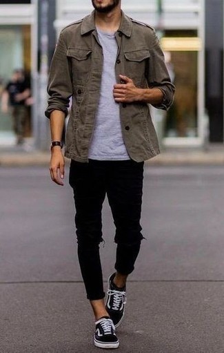 Men's Grey Military Jacket, Grey Crew-neck T-shirt, Black Ripped Jeans, Black and White Canvas Low Top Sneakers