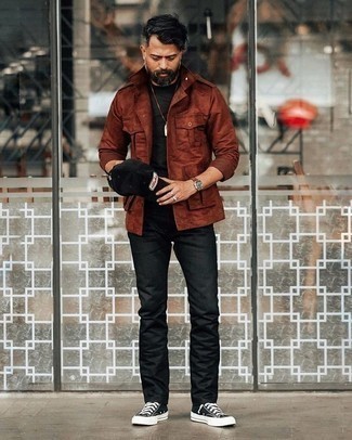 Tobacco Military Jacket Outfits For Men: If you're seeking to take your casual game to a new height, consider teaming a tobacco military jacket with black jeans. When it comes to footwear, go for something on the casual end of the spectrum by rocking black and white canvas high top sneakers.