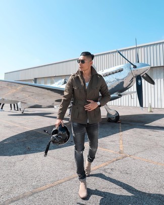 Brown Military Jacket Outfits For Men: Try teaming a brown military jacket with charcoal ripped jeans for a casual level of dress. Hesitant about how to complement your getup? Wear a pair of beige suede chelsea boots to kick it up a notch.