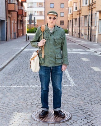 Dark Green Flat Cap Outfits For Men: Try teaming an olive military jacket with a dark green flat cap for a casual street style ensemble that's also easy to wear. To add a little zing to your outfit, complement your look with dark brown leather casual boots.