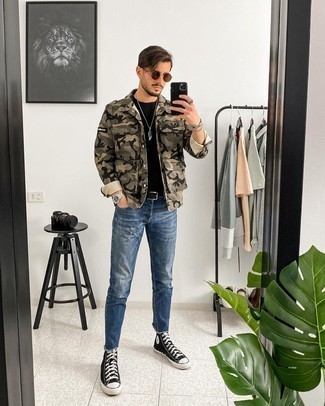 Men's Olive Camouflage Military Jacket, Black Crew-neck T-shirt, Blue Ripped Jeans, Black and White Canvas High Top Sneakers