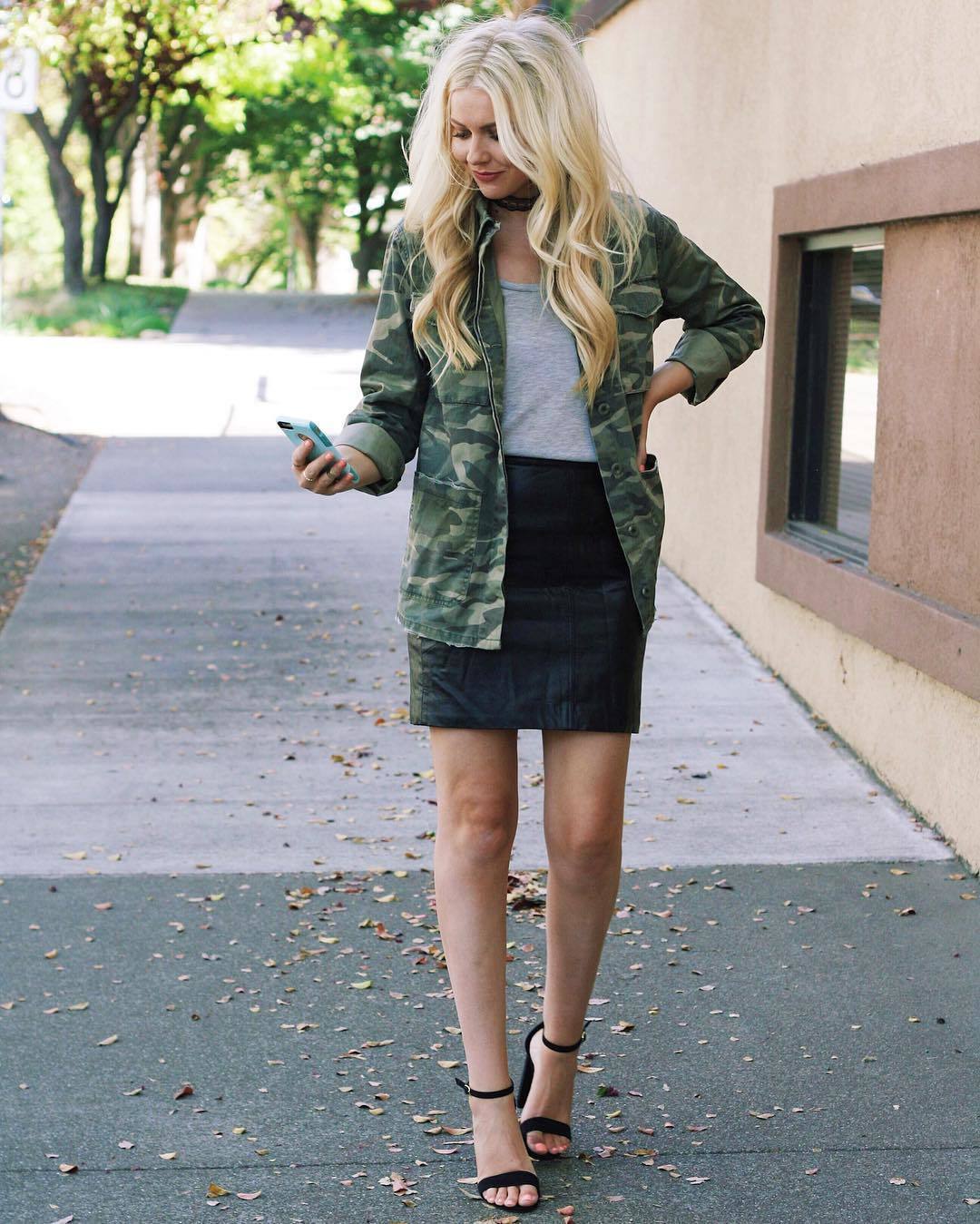 Women's Olive Camouflage Military Jacket, Grey Crew-neck T