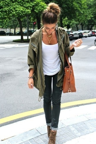Women's Olive Military Jacket, White Crew-neck T-shirt, Black Skinny Jeans, Brown Leopard Suede Ankle Boots
