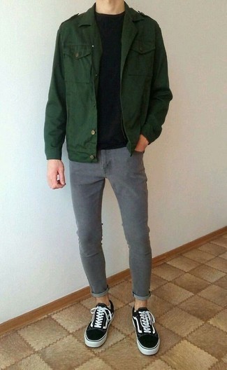 Olive Military Jacket Outfits For Men: Rock an olive military jacket with grey skinny jeans to assemble an incredibly dapper and current casual outfit. Our favorite of a multitude of ways to finish off this look is a pair of black and white canvas low top sneakers.