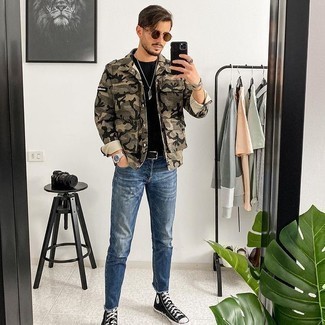 Men's Olive Camouflage Military Jacket, Black Crew-neck T-shirt, Blue Ripped Skinny Jeans, Black and White Canvas High Top Sneakers