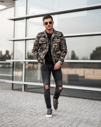 Men's Brown Camouflage Military Jacket, Black Crew-neck T-shirt, Charcoal Ripped Skinny Jeans, Dark Brown Canvas Low Top Sneakers