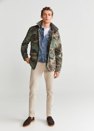 Men's Olive Camouflage Military Jacket, Light Blue Denim Jacket, White Crew-neck T-shirt, Beige Chinos