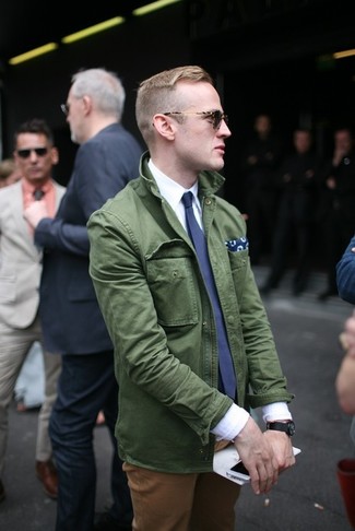 Olive Military Jacket Outfits For Men: This combination of an olive military jacket and tobacco chinos is proof that a pared down casual look doesn't have to be boring.