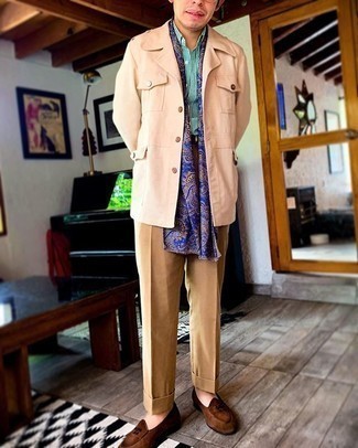 Khaki Military Jacket Outfits For Men: The pairing of a khaki military jacket and khaki chinos makes for a solid off-duty getup. Brown suede loafers are a fail-safe way to infuse an element of elegance into this outfit.