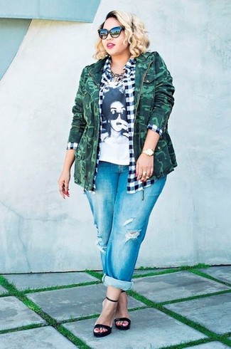 Blue Ripped Boyfriend Jeans Outfits: This combination of a dark green camouflage military jacket and blue ripped boyfriend jeans looks incredibly stylish and instantly makes you look awesome. To bring a little oomph to your outfit, complement your outfit with a pair of black leather heeled sandals.