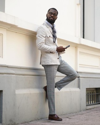 Grey Plaid Dress Pants Outfits For Men: A beige military jacket and grey plaid dress pants are an incredibly smart look to try. Shake up your look with a dressier kind of shoes, like these brown leather tassel loafers.