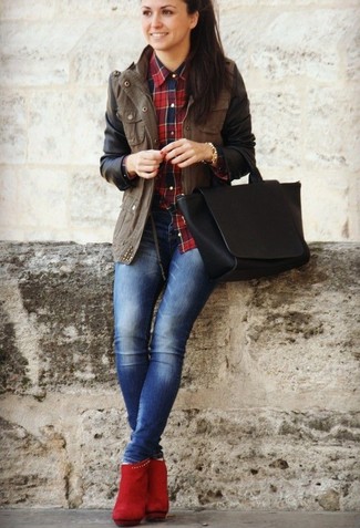 Women's Brown Military Jacket, Red and Navy Plaid Dress Shirt, Blue Skinny Jeans, Red Suede Ankle Boots