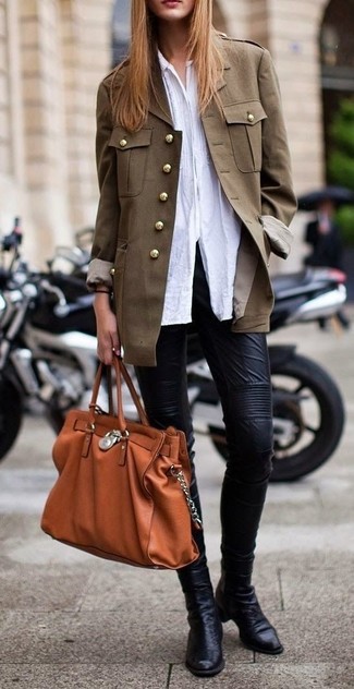 Women's Olive Military Jacket, White Dress Shirt, Black Leather Skinny Pants, Black Leather Ankle Boots