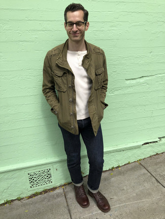 Men's Olive Military Jacket, White Henley Shirt, Navy Jeans, Dark Brown Leather Casual Boots