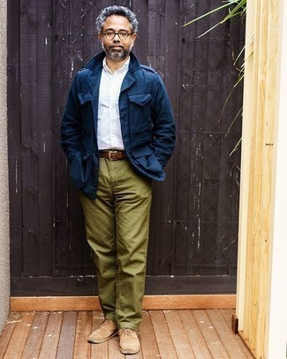 Men's Navy Military Jacket, White Long Sleeve Shirt, Olive Chinos, Tan Suede Derby Shoes