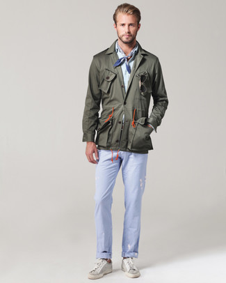 Men's Olive Military Jacket, Light Blue Chambray Long Sleeve Shirt, Light Blue Chinos, Grey Suede Low Top Sneakers